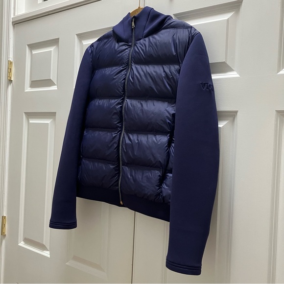 Greyson Eos Hybrid Puffer Jacket Hood Pockets Zip Navy Golf Embroidered Large - Picture 4 of 14